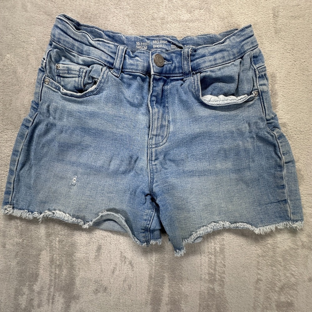 Denim & Co Cut Off Shorts Girls 10-11 Yrs Blue Comfort Stretch Raw Hem Mid Rise